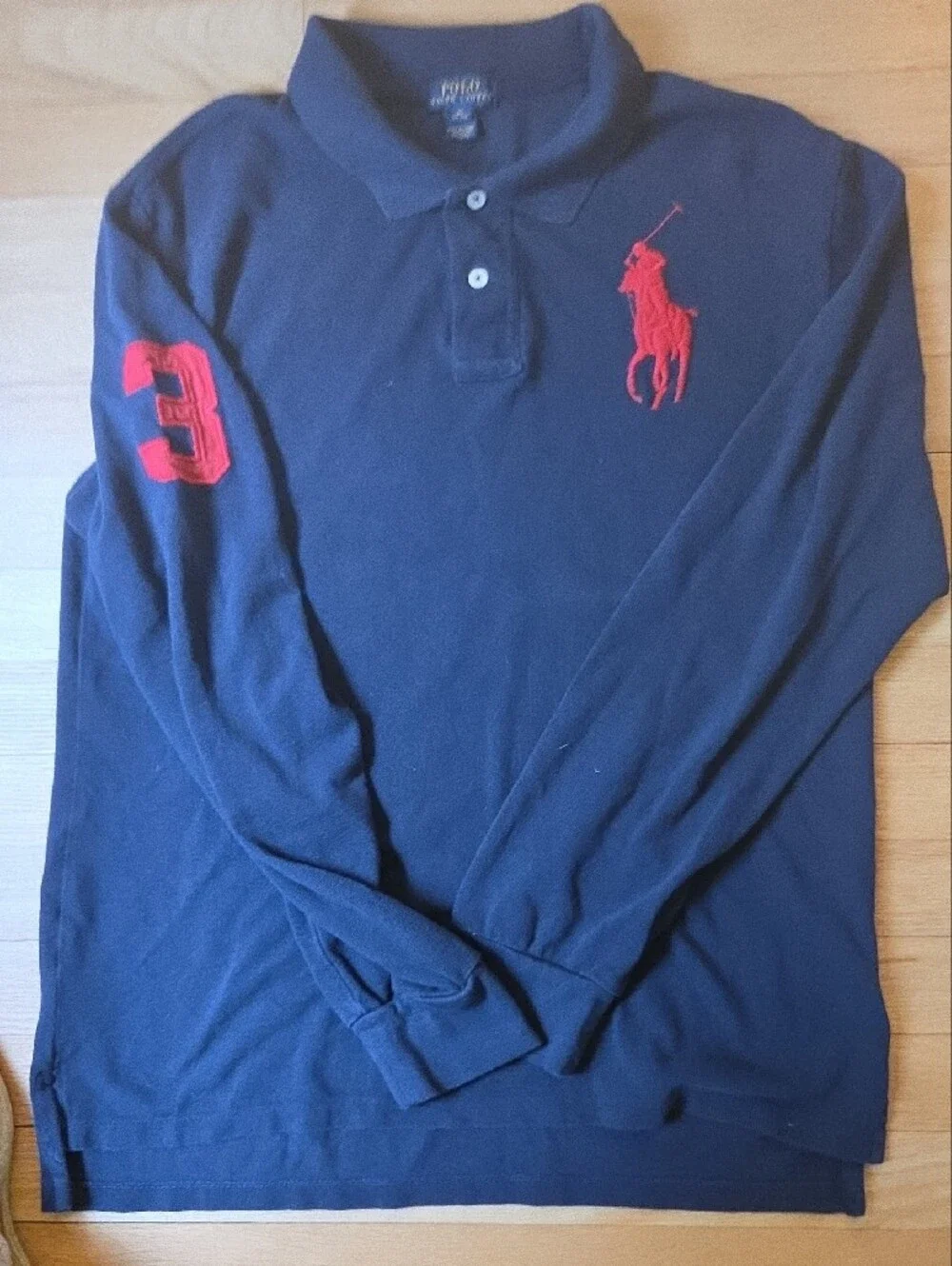 Polo Ralph Lauren Navy Long Sleeve Polo with Red Logo, Boys XL Or Men's XS Slim